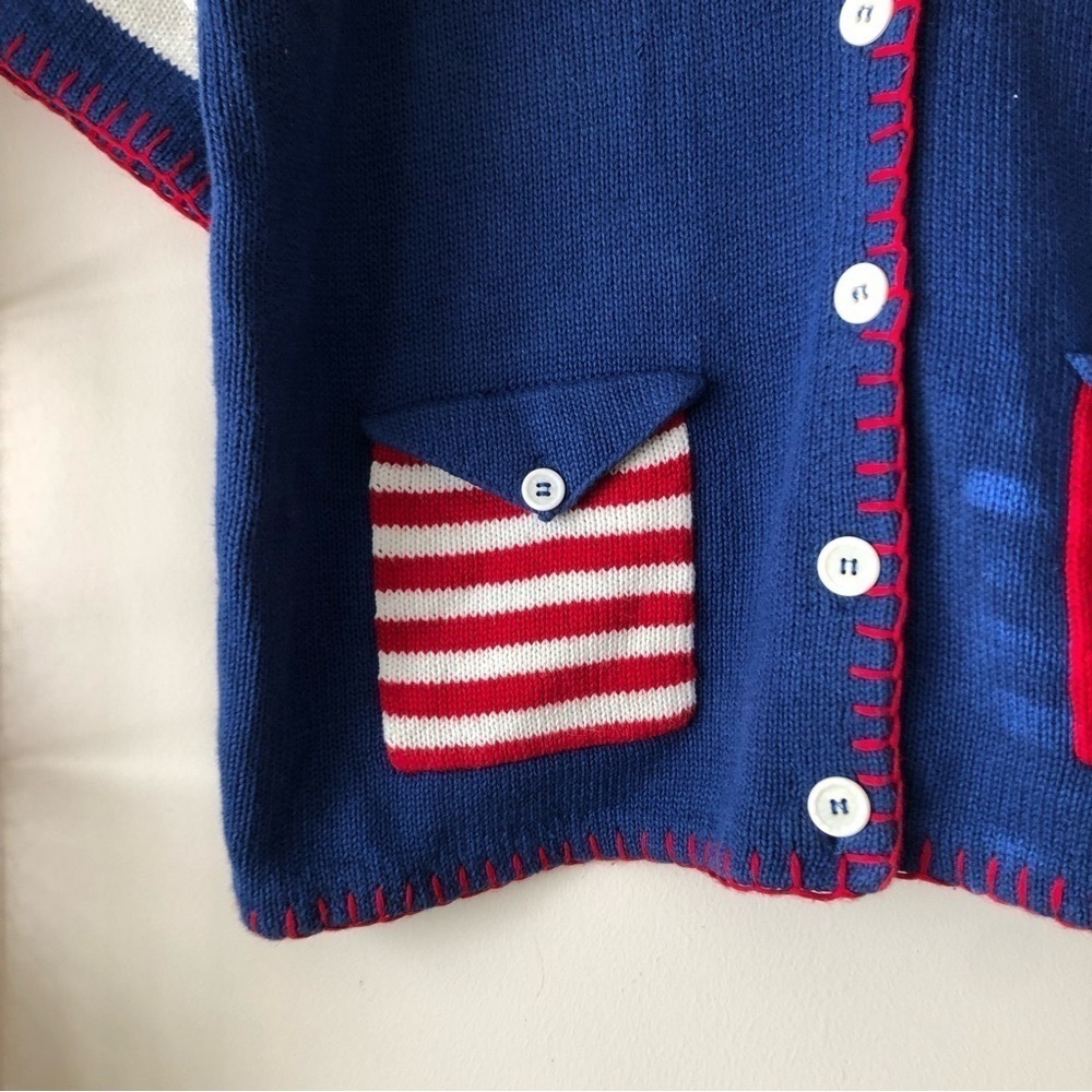 80s Vintage Americana Stars & Stripes Heart Patch Patriotic Cardigan Sweater XL - Picture 7 of 14